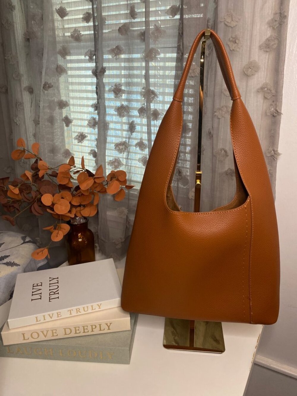 Cognac Faux Leather Hobo Tote Shoulder Bag Minimalist Everyday Purse